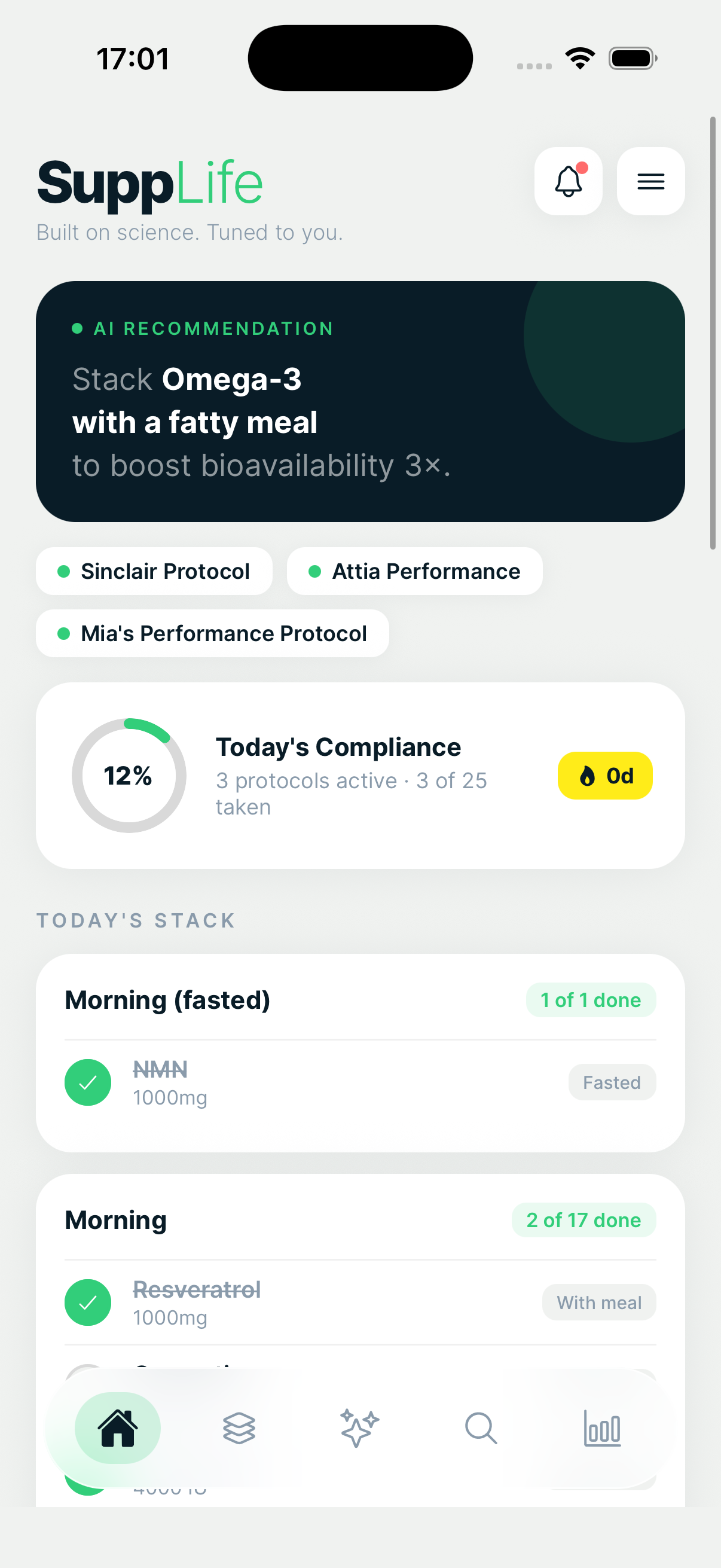 SuppLife daily dashboard and compliance ring